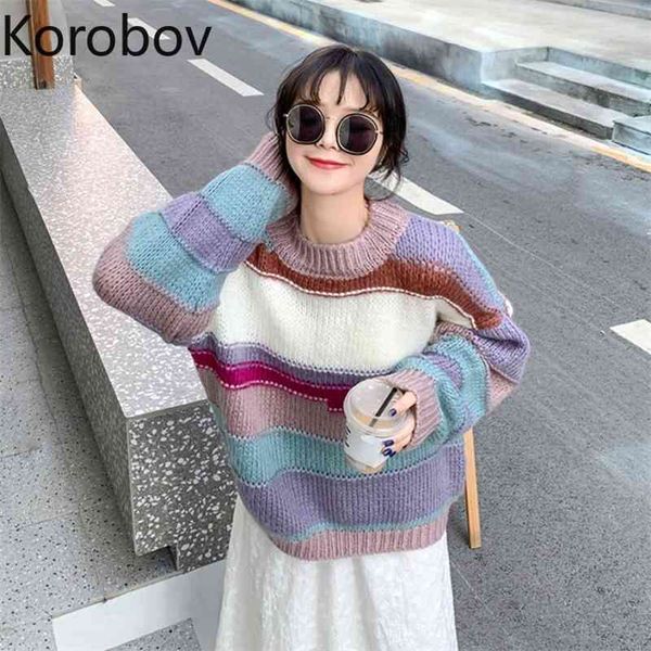 korobov rainbow striped sweater women's autumn and winter wear new korean style loose lazy style long-sleeved sweater trend 210430, White;black
korobov rainbow striped sweater women's autumn and winter wear new korean style loose lazy style long-sleeved sweater trend 210430, White;black