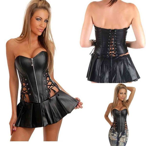 wholesale- women leather steampunk corset pvc zip front back bandage overbust body shaper waist lingerie gothic dominatrix dress, Black;white