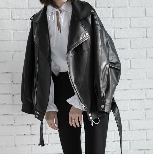 women's leather & faux ladies coat 2021 spring autumn loose moto outwear women with belt turn down collar zipper biker leahter jacket f, Black
women's leather & faux ladies coat 2021 spring autumn loose moto outwear women with belt turn down collar zipper biker leahter jacket f, Black