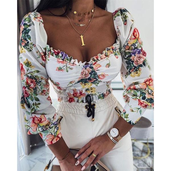 women's blouses & shirts low cut square neck blouse women long sleeve floral print spring and short shirt streetwear, White
women's blouses & shirts low cut square neck blouse women long sleeve floral print spring and short shirt streetwear, White