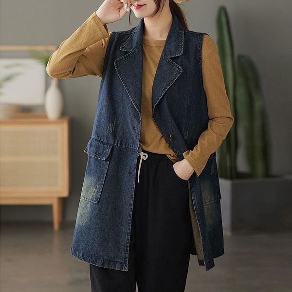women's vests nini wonderland 2021 autumn cotton denim vest coat vintage women sleeveless single breasted v neck casual long outerwear, Black;white
women's vests nini wonderland 2021 autumn cotton denim vest coat vintage women sleeveless single breasted v neck casual long outerwear, Black;white
