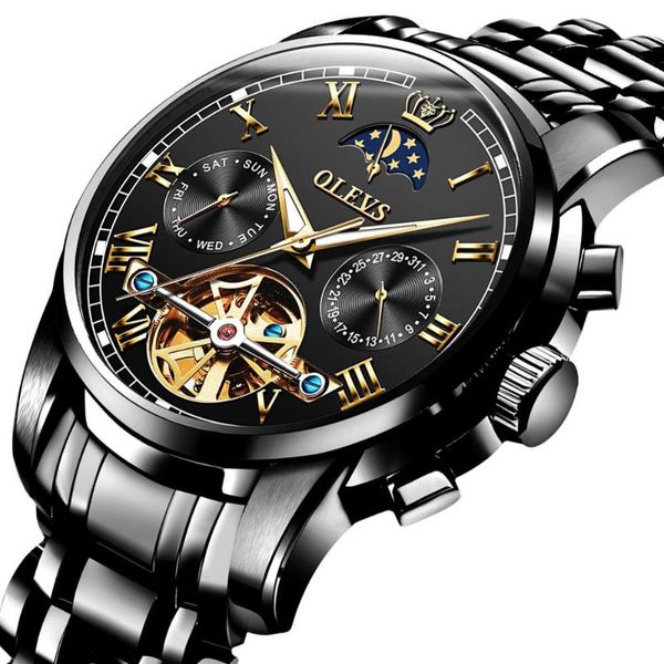 men mechanical wristwatches gold stainless steel watch chronograph luminous week calendar mens, Slivery;brown
men mechanical wristwatches gold stainless steel watch chronograph luminous week calendar mens, Slivery;brown