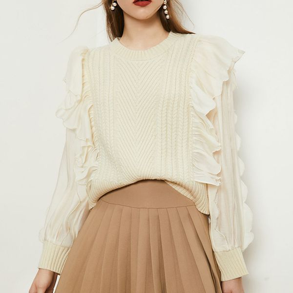 women's sweaters women sweater fashion ruffles mesh patchwork sweet long sleeve solid retro stretchy female knitted clothes winter fb08, White;black
women's sweaters women sweater fashion ruffles mesh patchwork sweet long sleeve solid retro stretchy female knitted clothes winter fb08, White;black