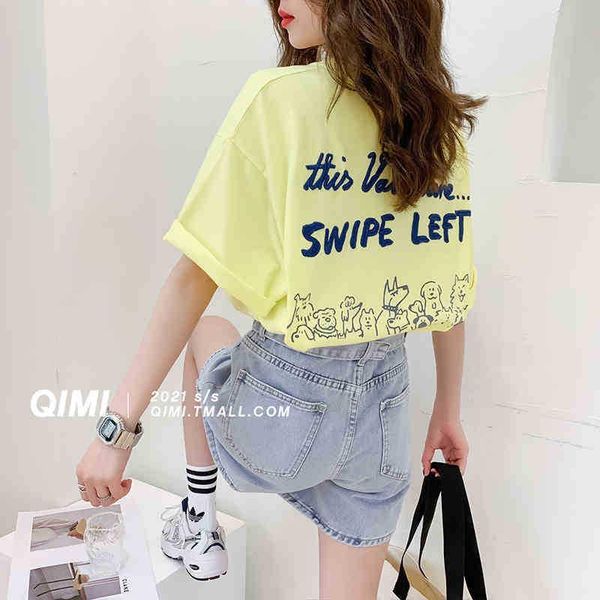 women's t-shirt xiaowang 2021 korean back embroidery letter cartoon dog print round neck short sleeve loose female, White
women's t-shirt xiaowang 2021 korean back embroidery letter cartoon dog print round neck short sleeve loose female, White