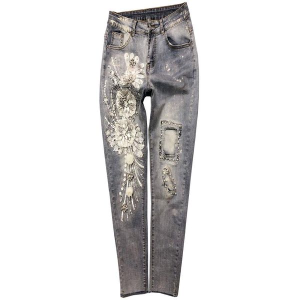 plus size 26-33 jeans women spring heavy industry embroidery flower bronzing sequins ankle length pencil beading women's, Blue
