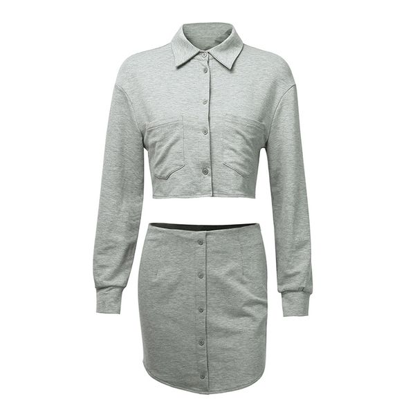 women two pieces set gray short cropped turn down collar shirt pocket long sleeve mini skirt button t0250 210514, White
women two pieces set gray short cropped turn down collar shirt pocket long sleeve mini skirt button t0250 210514, White