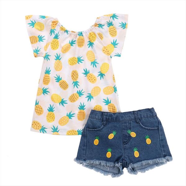 1 7y summer kids girls clothes sets 2pcs pineapple print ruffles short sleeve t shirts denim shorts, White
1 7y summer kids girls clothes sets 2pcs pineapple print ruffles short sleeve t shirts denim shorts, White