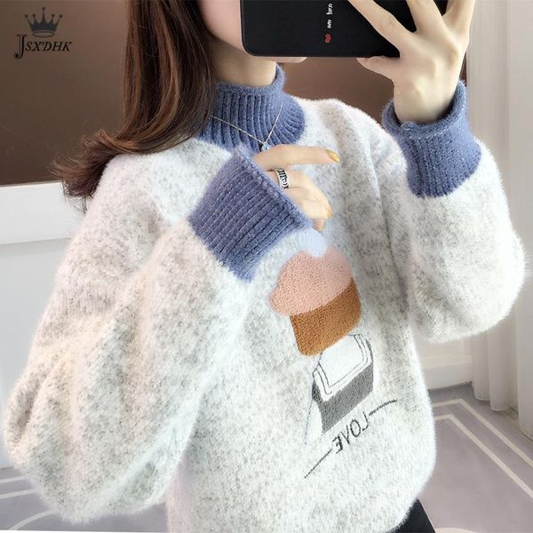 women's sweaters korean cartoon hit color half turtleneck 2021 winter women loose lazy knit pullover womens cute fashion knitted top, White;black
women's sweaters korean cartoon hit color half turtleneck 2021 winter women loose lazy knit pullover womens cute fashion knitted top, White;black