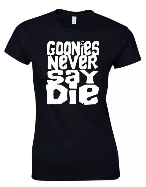 goonies never say die inspired cult 80s movie film womens t shirt, White;black