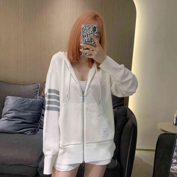 tb college style spring and summer ice silk knitted hooded loose cardigan women's thin long sleeve four bar zipper jacket, White;black
tb college style spring and summer ice silk knitted hooded loose cardigan women's thin long sleeve four bar zipper jacket, White;black
