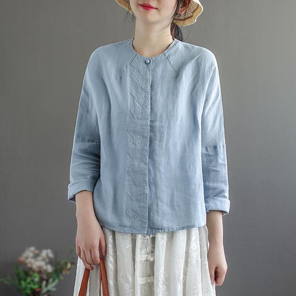 women's blouses & shirts vntage eastern style embroidery hiding buttons linen shirt blouse, White
women's blouses & shirts vntage eastern style embroidery hiding buttons linen shirt blouse, White