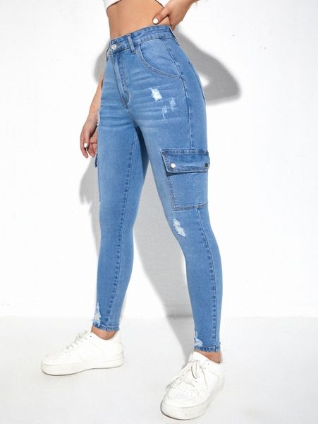 ripped flap pocket skinny jeans l6wt#, Blue