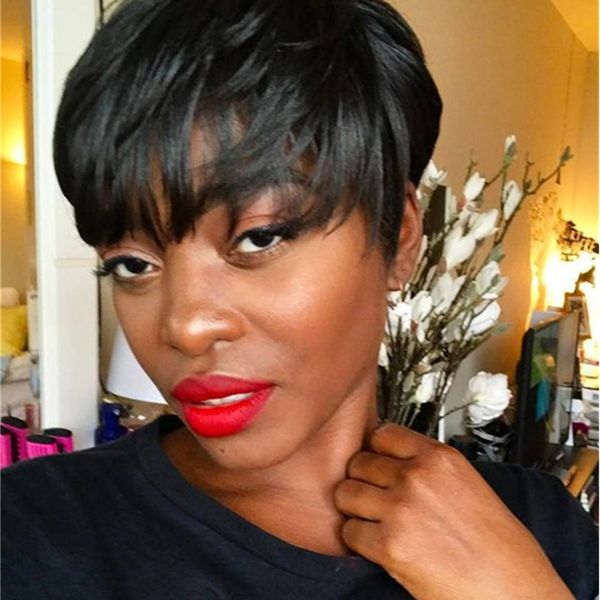 short pixie cut human hair wigs with bangs for women brazililian full machine made none lace front wig, Black;brown
short pixie cut human hair wigs with bangs for women brazililian full machine made none lace front wig, Black;brown