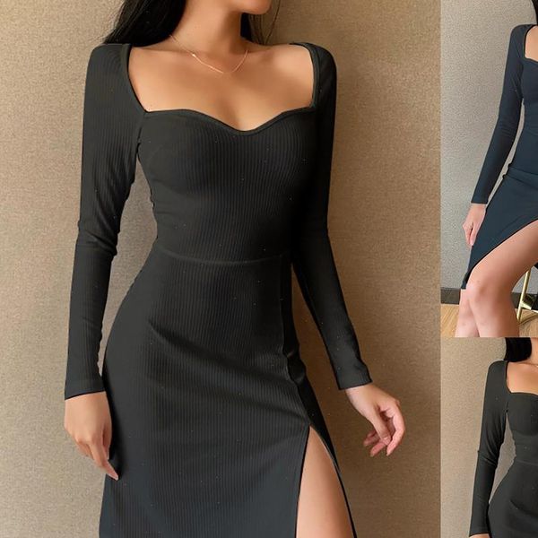 women dresses square neck dress solid black white midi long sleeve split ribbed elegant party bodycon, Black;gray
women dresses square neck dress solid black white midi long sleeve split ribbed elegant party bodycon, Black;gray