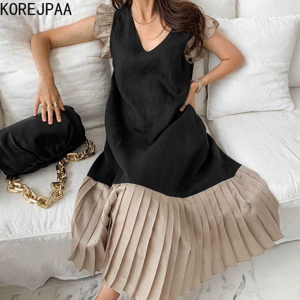 korejpaa women dress summer korean chic niche light familiar style v-neck contrast stitching flying sleeve pleated vestidos 210526, Black;gray
korejpaa women dress summer korean chic niche light familiar style v-neck contrast stitching flying sleeve pleated vestidos 210526, Black;gray