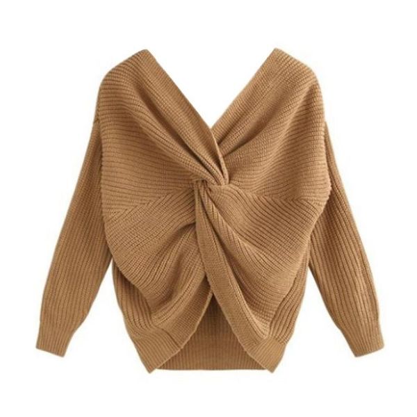 women's sweaters women solid color v neck twisted back knot sweater long sleeve jumper pullover, White;black
women's sweaters women solid color v neck twisted back knot sweater long sleeve jumper pullover, White;black