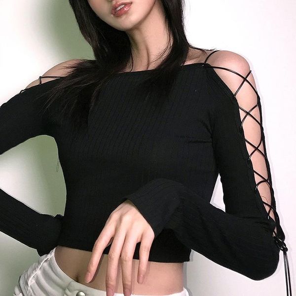 women's t-shirt 2021 bandage hollow out black gothic punk bodycon long sleeve crop women streetwear harajuku chic autumn, White
women's t-shirt 2021 bandage hollow out black gothic punk bodycon long sleeve crop women streetwear harajuku chic autumn, White