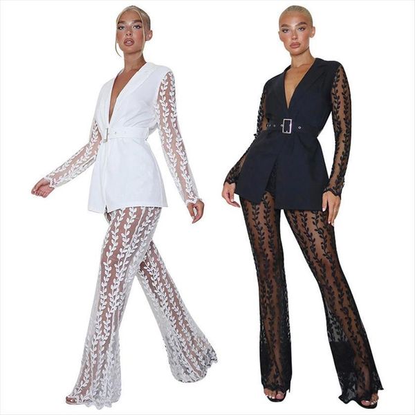 suit blazer set hook womenpant flower hollow perspective net yarn long sleeve flared pants with belt, White
suit blazer set hook womenpant flower hollow perspective net yarn long sleeve flared pants with belt, White