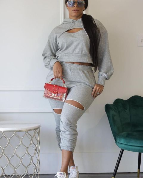 women's tracksuits 2021 product trendy hole women sweater long sleeve cropped hoodie sweatpants 2 piece outfits jogging workout sets, Gray
women's tracksuits 2021 product trendy hole women sweater long sleeve cropped hoodie sweatpants 2 piece outfits jogging workout sets, Gray