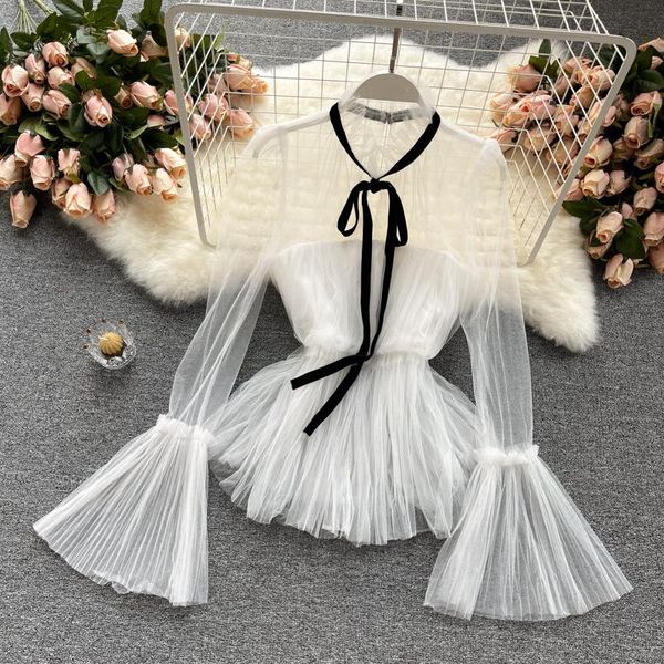 women's blouses & shirts summer fashion temperament blouse female net yarn trumpet sleeves stand collar blusa slim lotus leaf shirt g, White 
women's blouses & shirts summer fashion temperament blouse female net yarn trumpet sleeves stand collar blusa slim lotus leaf shirt g, White