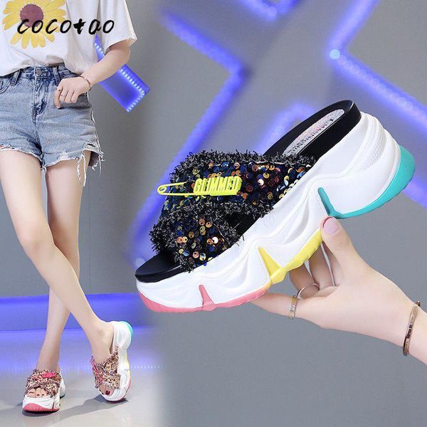 slippers sandals and female 2021 sequined muffin thick bottom increased word drag travel comfortable fashion tide fairy wear, Black 
slippers sandals and female 2021 sequined muffin thick bottom increased word drag travel comfortable fashion tide fairy wear, Black