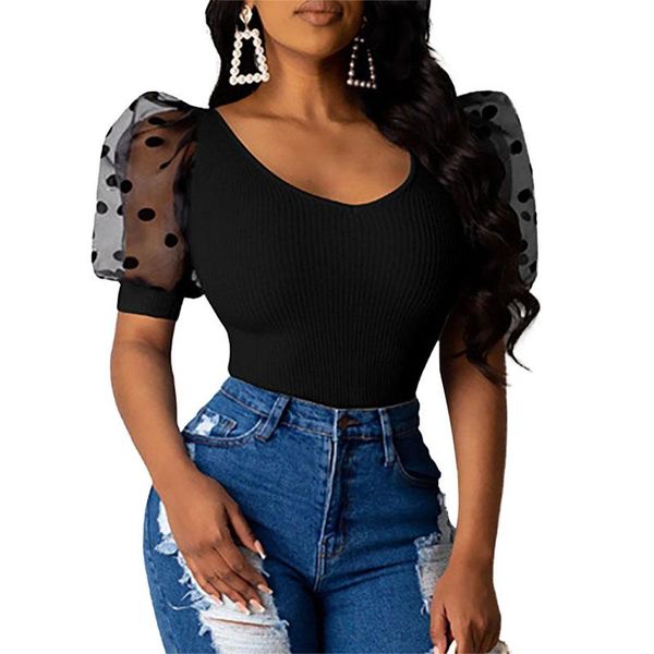 women t-shirt short puff sleeve polka dot printed skinny elegant fashion round neck pullover stylish women's, White
women t-shirt short puff sleeve polka dot printed skinny elegant fashion round neck pullover stylish women's, White