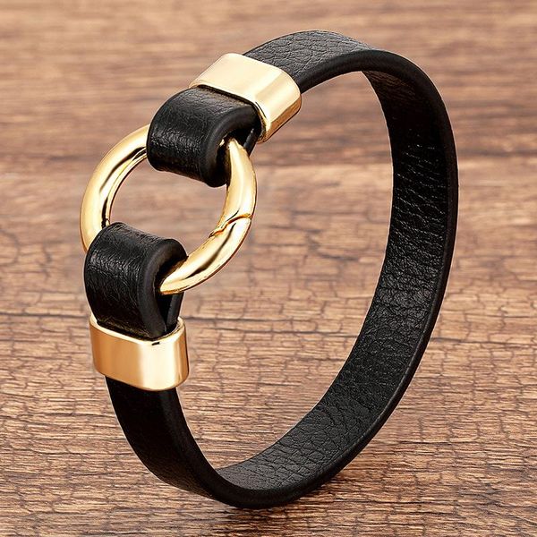 link, chain simple leather cord bracelet fashion genuine men's jewelry gold metal round spring buckle ladies gifts, Black
link, chain simple leather cord bracelet fashion genuine men's jewelry gold metal round spring buckle ladies gifts, Black