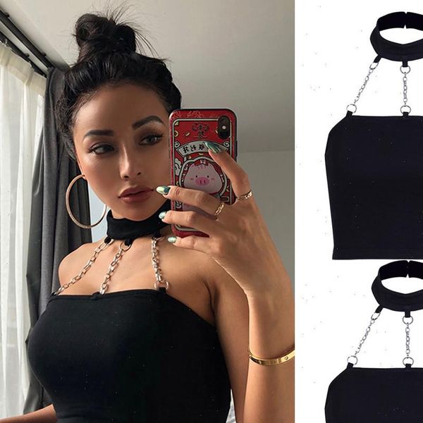 e girl punk style choker women tank halter black fashion slim cami backless buckle 90s summer, White
e girl punk style choker women tank halter black fashion slim cami backless buckle 90s summer, White