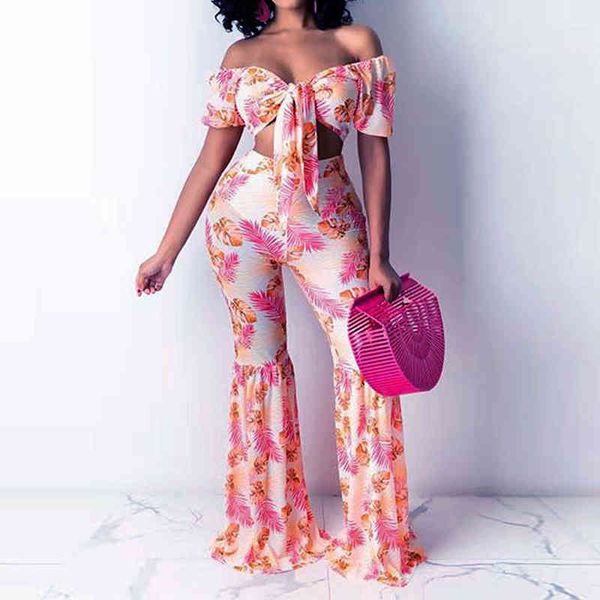 2 pieces pants sets women off shoulder short sleeve printed bowknot & high waist flare pants suit 210521, White
2 pieces pants sets women off shoulder short sleeve printed bowknot & high waist flare pants suit 210521, White