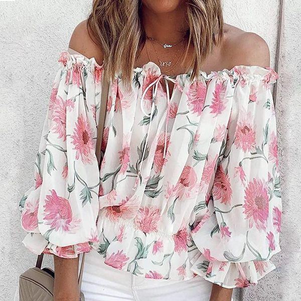 women's t-shirt one neck off shoulder chiffon shirt women floral print 3/4 sleeve flare slash blusas, White
women's t-shirt one neck off shoulder chiffon shirt women floral print 3/4 sleeve flare slash blusas, White