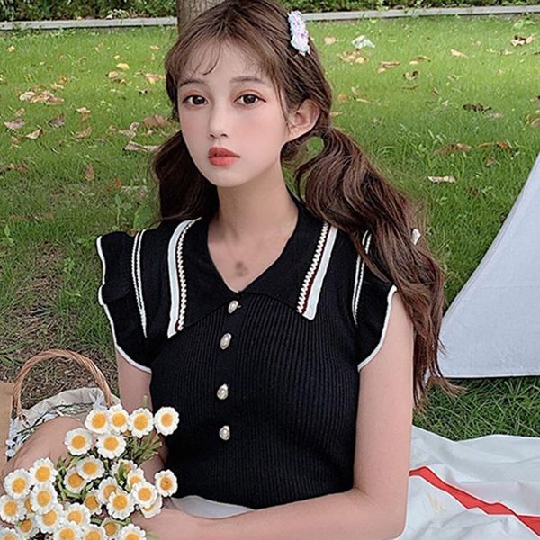 women niche knitted t-shirt summer short sleeve solid color korean style tee 202103 women's, White
women niche knitted t-shirt summer short sleeve solid color korean style tee 202103 women's, White