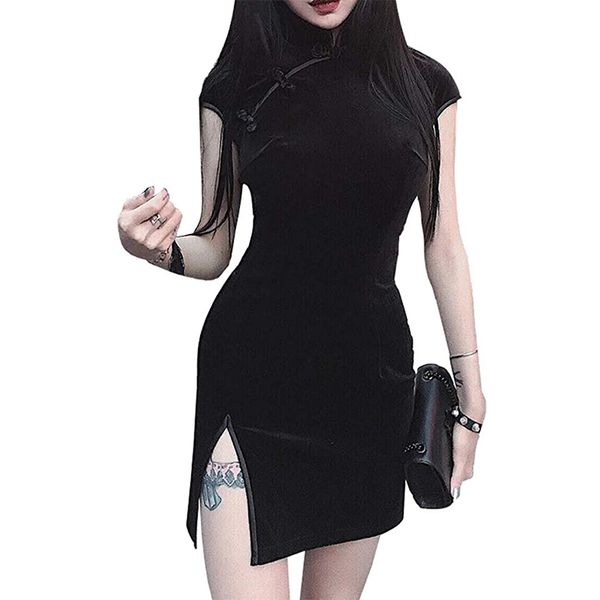 women summer velvet punk casual dresses chinese cheongsam retro short sleeve vintage mini dress, Black;gray 
women summer velvet punk casual dresses chinese cheongsam retro short sleeve vintage mini dress, Black;gray