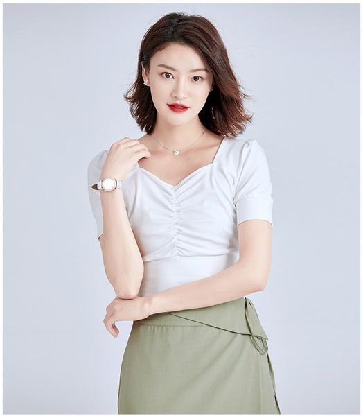 women's t-shirt summer v-neck short loose puff sleeve fashion temperament all match pure color base, White
women's t-shirt summer v-neck short loose puff sleeve fashion temperament all match pure color base, White