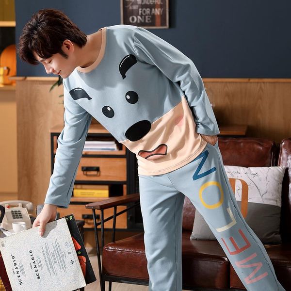 men's sleepwear fall winter knitted cotton patchwork fun dogs cartoon pajamas set soft long sleeve blue o-neck home wear male trousers, Black;brown
men's sleepwear fall winter knitted cotton patchwork fun dogs cartoon pajamas set soft long sleeve blue o-neck home wear male trousers, Black;brown