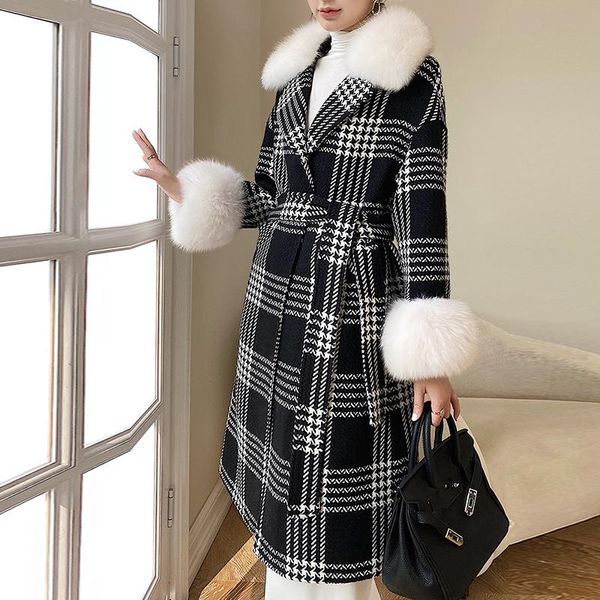 women's fur & faux runway design long houndstooth tweed wool jacket women classic retro genuine collar and cuff woolen coat with belt, Black
women's fur & faux runway design long houndstooth tweed wool jacket women classic retro genuine collar and cuff woolen coat with belt, Black