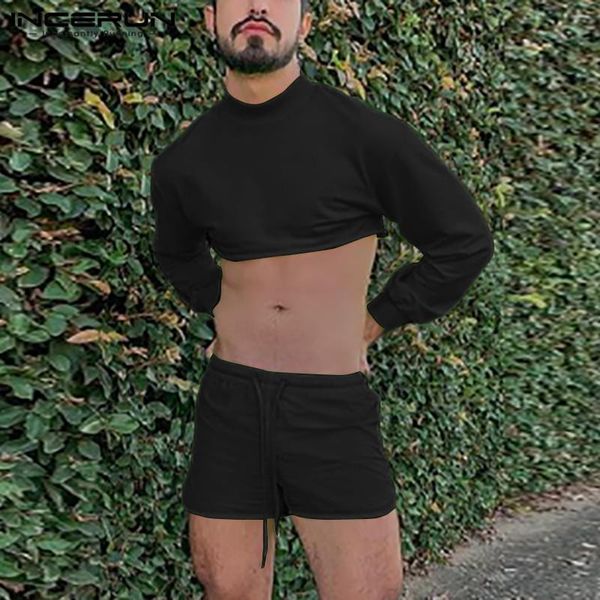 men's tracksuits incerun men fashion long sleeve turtleneck crop drawstring shorts hombre sport suits summer leisure solid color sets, Gray
men's tracksuits incerun men fashion long sleeve turtleneck crop drawstring shorts hombre sport suits summer leisure solid color sets, Gray