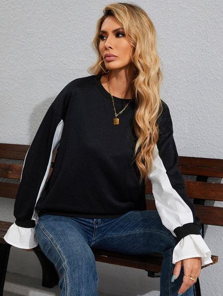 contrast flounce sleeve sweatshirt e8lk#, White;black
