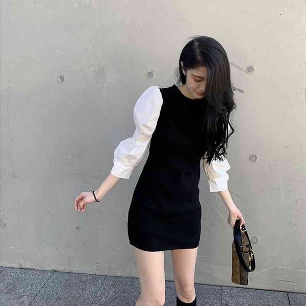 spring and autumn korean fashion elegant temperament comfortable knitted stitching puff sleeve women's dress 210615, Black;gray
spring and autumn korean fashion elegant temperament comfortable knitted stitching puff sleeve women's dress 210615, Black;gray