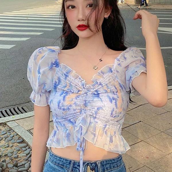 women's blouses & shirts summer women slim chiffon cropped v neck short sleeve floral printed thin lace up blouse wdc7657, White
women's blouses & shirts summer women slim chiffon cropped v neck short sleeve floral printed thin lace up blouse wdc7657, White