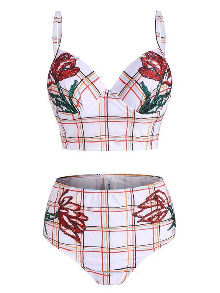 women's swimwear flower and plaid print spaghetti strap bikini swimsuit floral bikinis set, White;black
women's swimwear flower and plaid print spaghetti strap bikini swimsuit floral bikinis set, White;black
