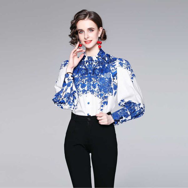 women summer designer elegant blue floral print blouse shirt lantern sleeve casual vintage office work wear shirts 210525, White
women summer designer elegant blue floral print blouse shirt lantern sleeve casual vintage office work wear shirts 210525, White