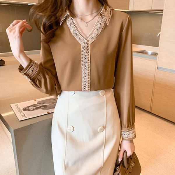 women's blouses & shirts satin silk shirt ladies lace up 2021 autumn chic hollow embroidery splicing blouse women v neck long sleeve so, White
women's blouses & shirts satin silk shirt ladies lace up 2021 autumn chic hollow embroidery splicing blouse women v neck long sleeve so, White