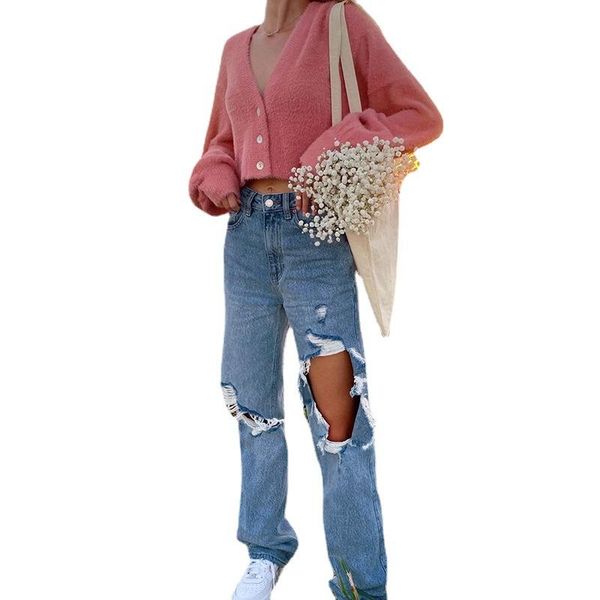 women's jeans europe and the united states personality hole beggar pants wash high waist leisure straight women, Blue
women's jeans europe and the united states personality hole beggar pants wash high waist leisure straight women, Blue