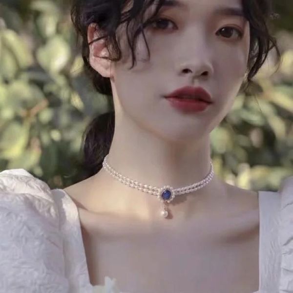 pearl choker necklace women's girl clavicle chain blue stone short chokers, Golden;silver
pearl choker necklace women's girl clavicle chain blue stone short chokers, Golden;silver