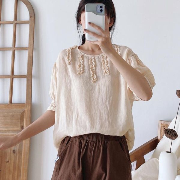 women's blouses & shirts johnature 2021 patchwork ruffles loose linen vintage womens and summer all match solid color female, White
women's blouses & shirts johnature 2021 patchwork ruffles loose linen vintage womens and summer all match solid color female, White