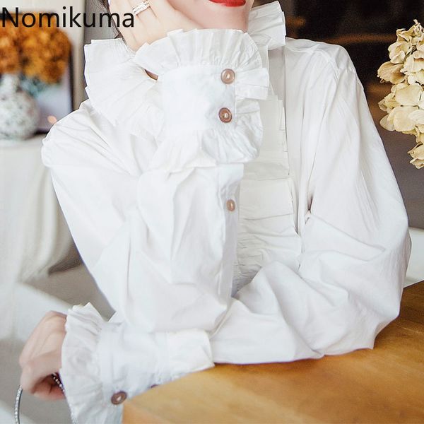 

momikuma autumn new women blouse ruffle stand neck petal sleeve korean elegant shirt causal white blusas elegantes 6c450 210427