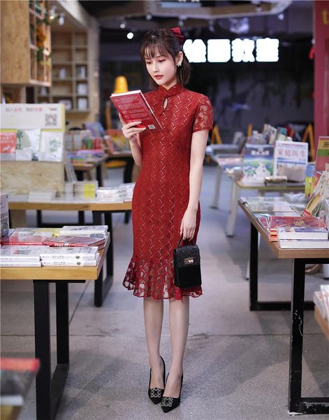 summer burgundy lady lace trumpet chinese dress elegant flare short sleeve qipao bride wedding party cheongsam skirt large size ethnic cloth, Red
summer burgundy lady lace trumpet chinese dress elegant flare short sleeve qipao bride wedding party cheongsam skirt large size ethnic cloth, Red