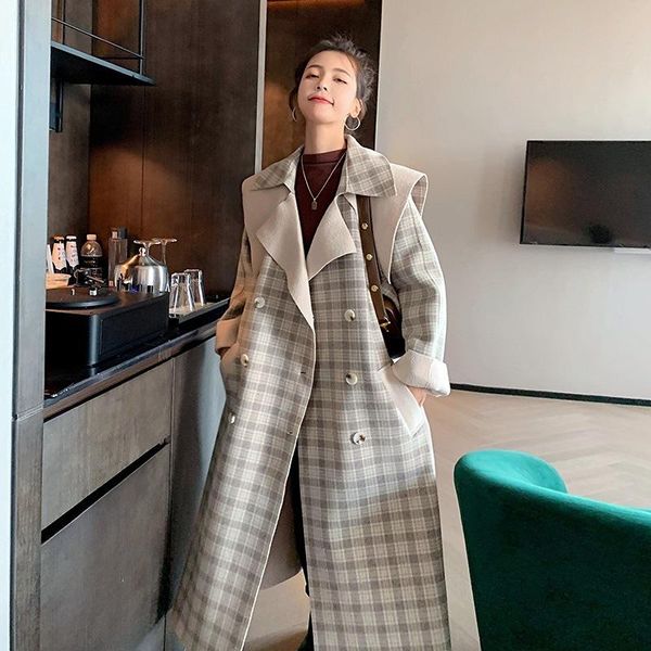 women's wool & blends autumn and winter 2021 plaid woollen coat middle long style hepburn tweed fashion, Black
women's wool & blends autumn and winter 2021 plaid woollen coat middle long style hepburn tweed fashion, Black