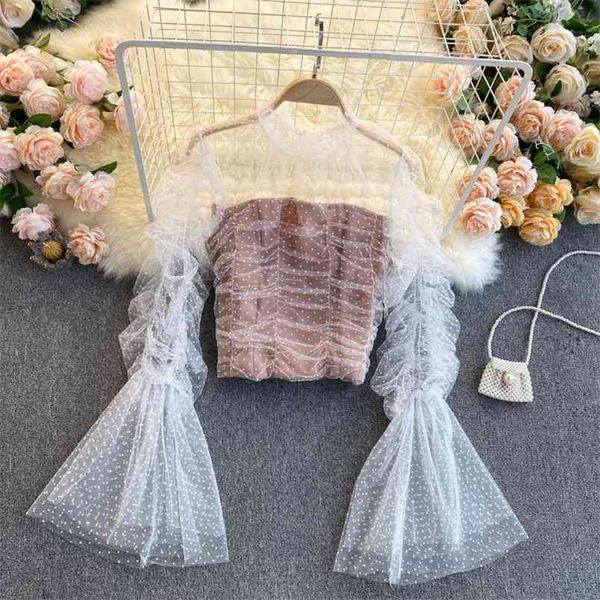 spring temperament fashion blouse female polka dot mesh trumpet sleeve pleated blusa slim short shirt c238 210506, White
spring temperament fashion blouse female polka dot mesh trumpet sleeve pleated blusa slim short shirt c238 210506, White
