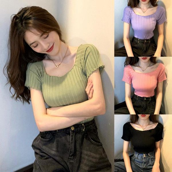 women's t-shirt women fashion short sleeve off shoulder wavy brims slim knitted top, White
women's t-shirt women fashion short sleeve off shoulder wavy brims slim knitted top, White